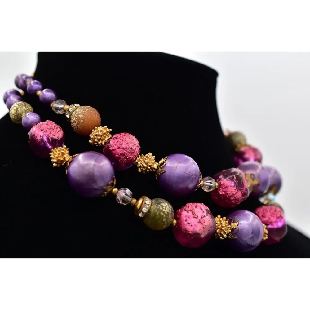 DEAUVILLE Vintage Beaded Collar Necklace Purple Pink Chunky Signed 1950s BinBE